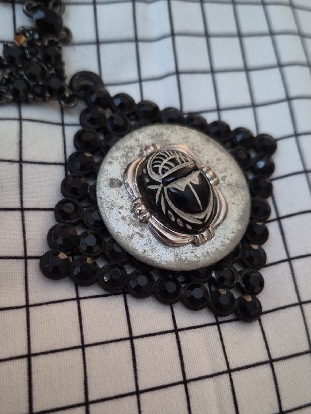 Vintage Handmade Black Beaded Scarab Pendant Necklace - Picture 6 of 8